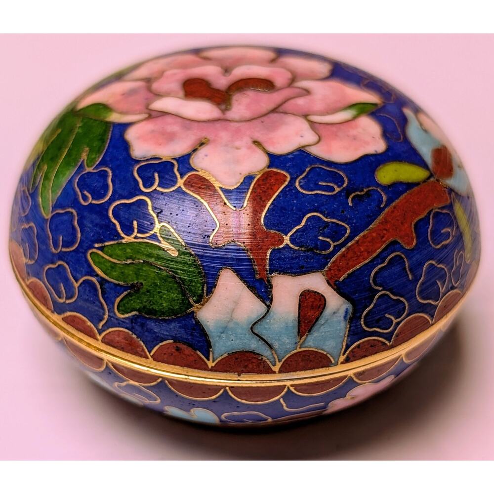 Vtg Cloisonne Floral Trinket Box 2.25" Japanese Cherry Blossom Blue Gold Trim